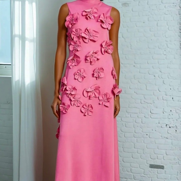 NWOT Womens 3D Flowers Bubblegum Pink Sleeveless Maxi Dress Stretch Jersey LARGE - Picture 4 of 10
